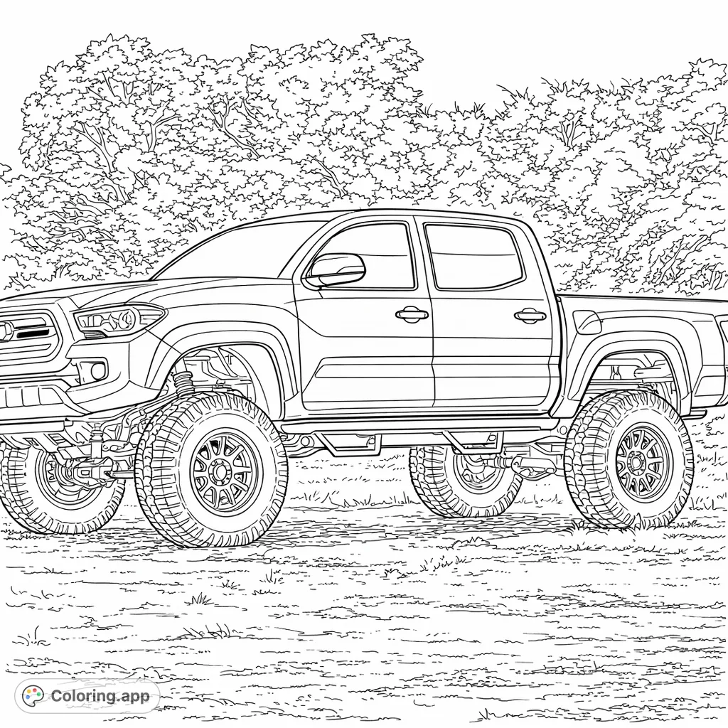 Color a detailed, lifted pickup truck featuring rugged tires, custom wheels, and a sturdy build. Perfect for vehicle enthusiasts!