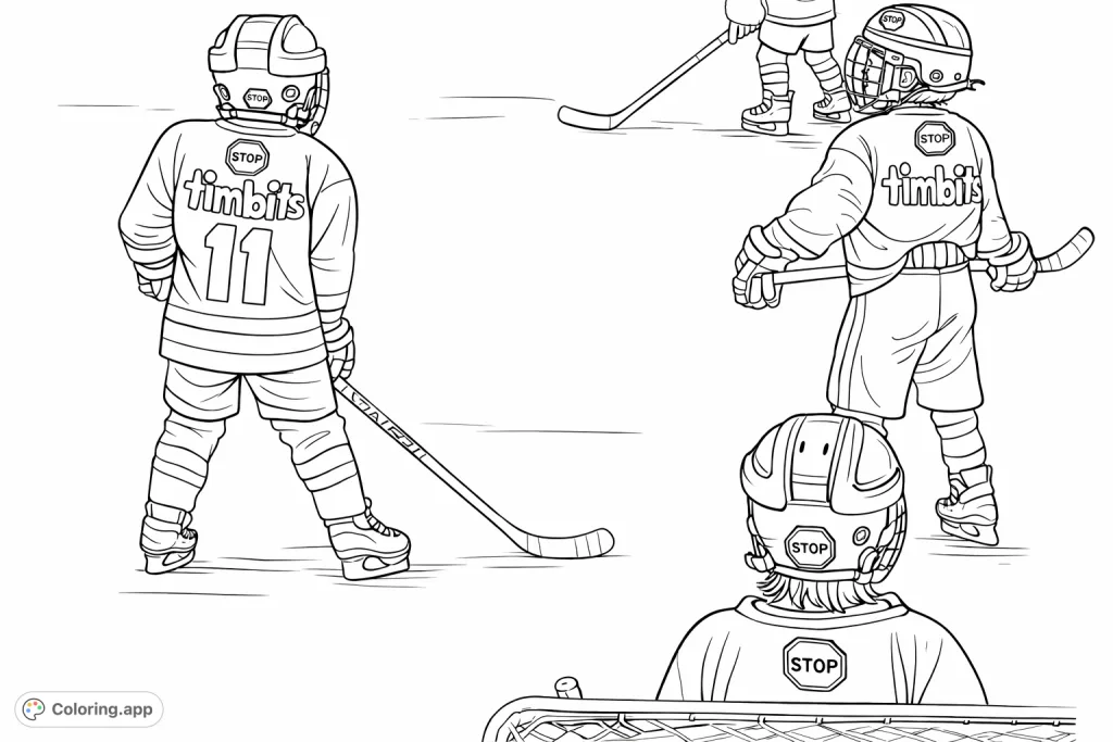 Capture the excitement of a youth hockey game with this engaging coloring page featuring players on the ice. Perfect for sports fans!