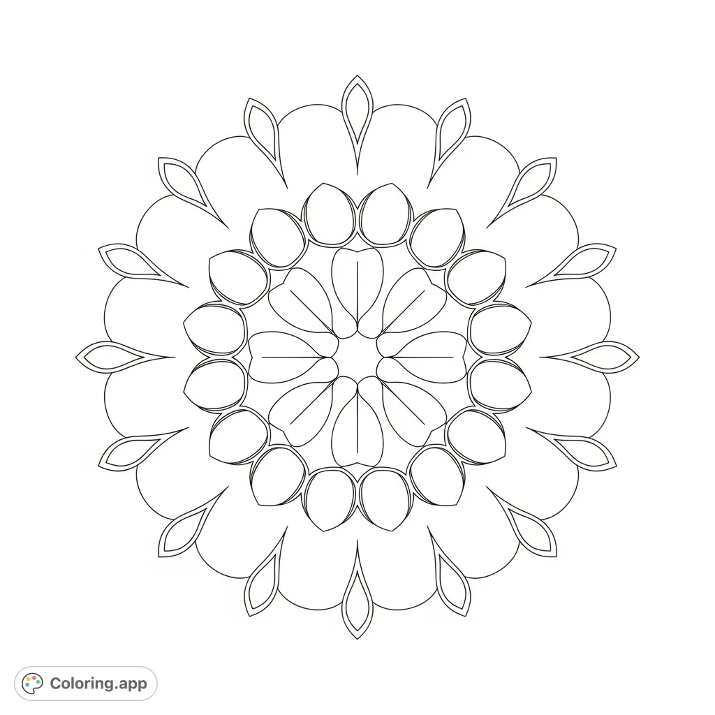 A serene radial mandala with soft geometric shapes and evenly spaced petals, featuring balanced symmetry and a light open center for a calming coloring experience.