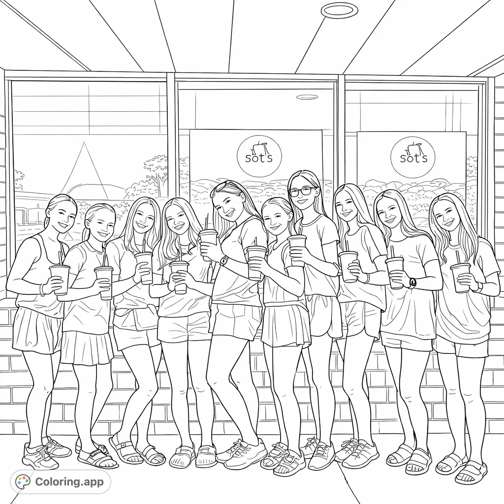 A cheerful group of eleven young friends stands together, each holding a beverage. A delightful scene perfect for personalizing outfits, hairstyles, and background details.