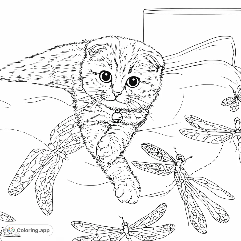 A charming Scottish Fold kitten, with its distinctive folded ears and striped fur, lies sweetly on a dragonfly-patterned pillow. Perfect for animal lovers!