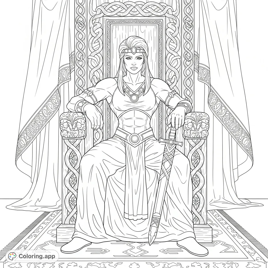 A powerful muscular queen on a intricately carved wooden throne, exuding dominance and confidence in an intimate, detailed setting. Perfect for adult colorists.