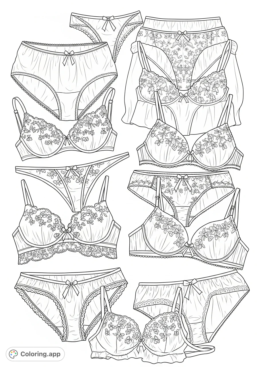 An exquisite lingerie coloring page featuring delicate panties and bras with intricate lace, embroidery, and soft fabric textures for adult colorists.