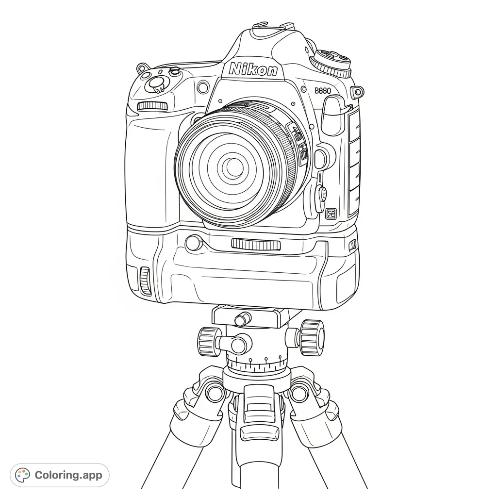 Capture the essence of photography with this detailed Nikon D850 camera on a tripod. Perfect for enthusiasts to color and customize!