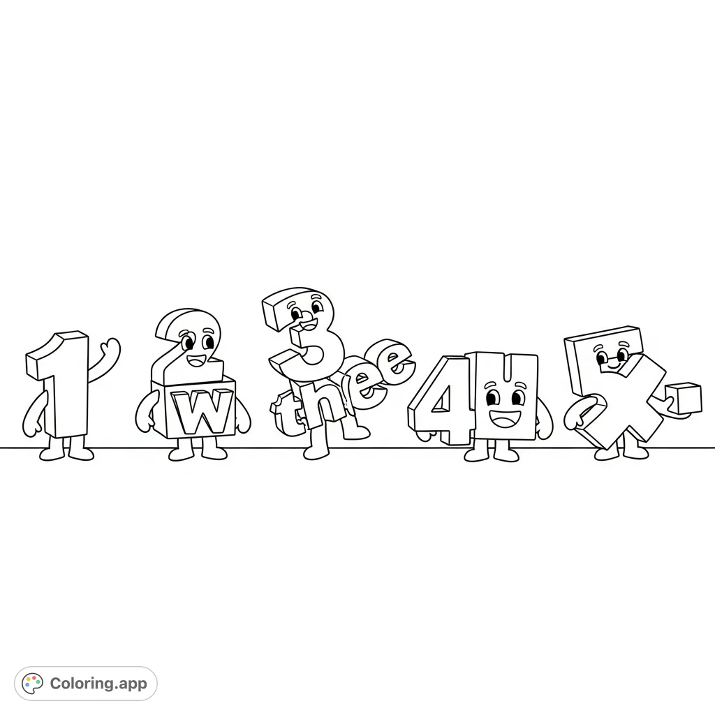 Discover the world of Numberblocks! Color One, Two, Three, Four, and Five in a fun, educational scene perfect for young learners. A vibrant Numberblocks coloring page.