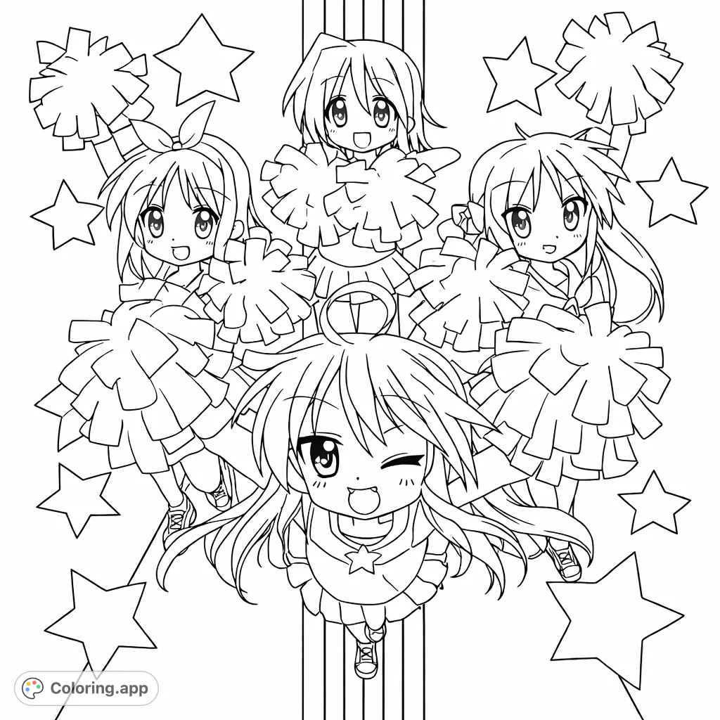 A lively anime cheer squad in dynamic poses with pom-poms, set against a background of abstract stars. Perfect for fans of animated characters and energetic scenes.