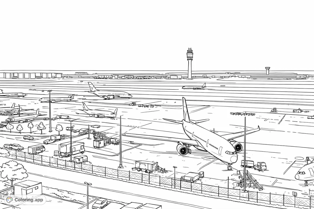 Explore a bustling airport scene with a large passenger jet, numerous smaller aircraft, ground vehicles, and a distant control tower, offering an intricate aviation coloring page.