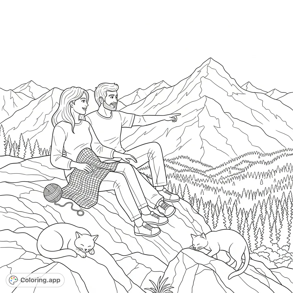 Discover serenity with this mountain retreat coloring page featuring a couple, two cats, and a detailed crocheted blanket amidst a breathtaking wilderness.