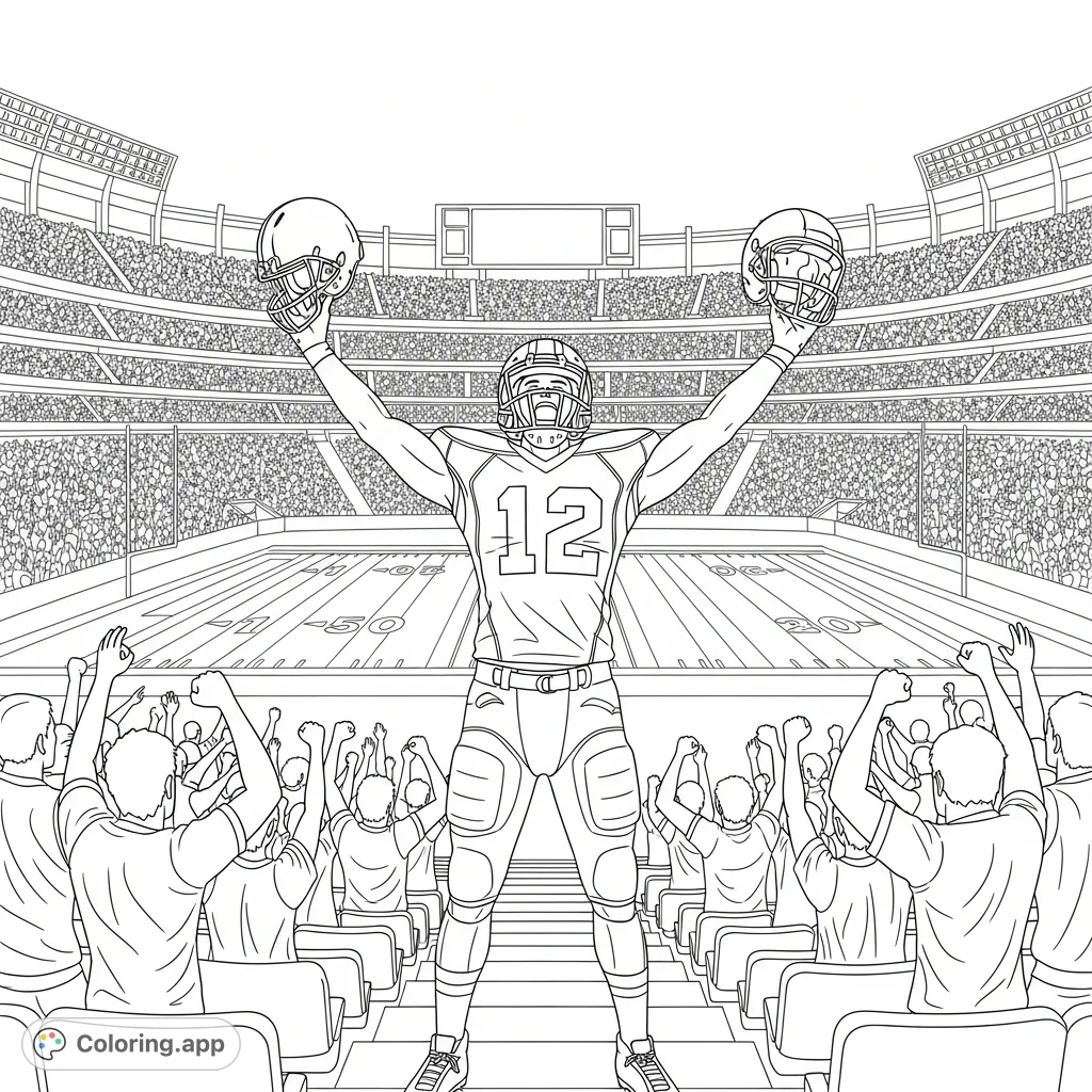 Celebrate the thrill of victory! This detailed Alabama football coloring page features a triumphant player and cheering fans in a grand stadium.