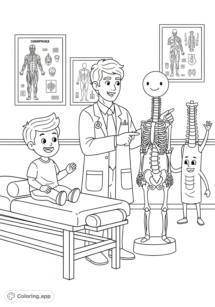 A cheerful chiropractic coloring page for kids featuring a friendly chiropractor, a happy child patient, and an educational spine model. Discover wellness!