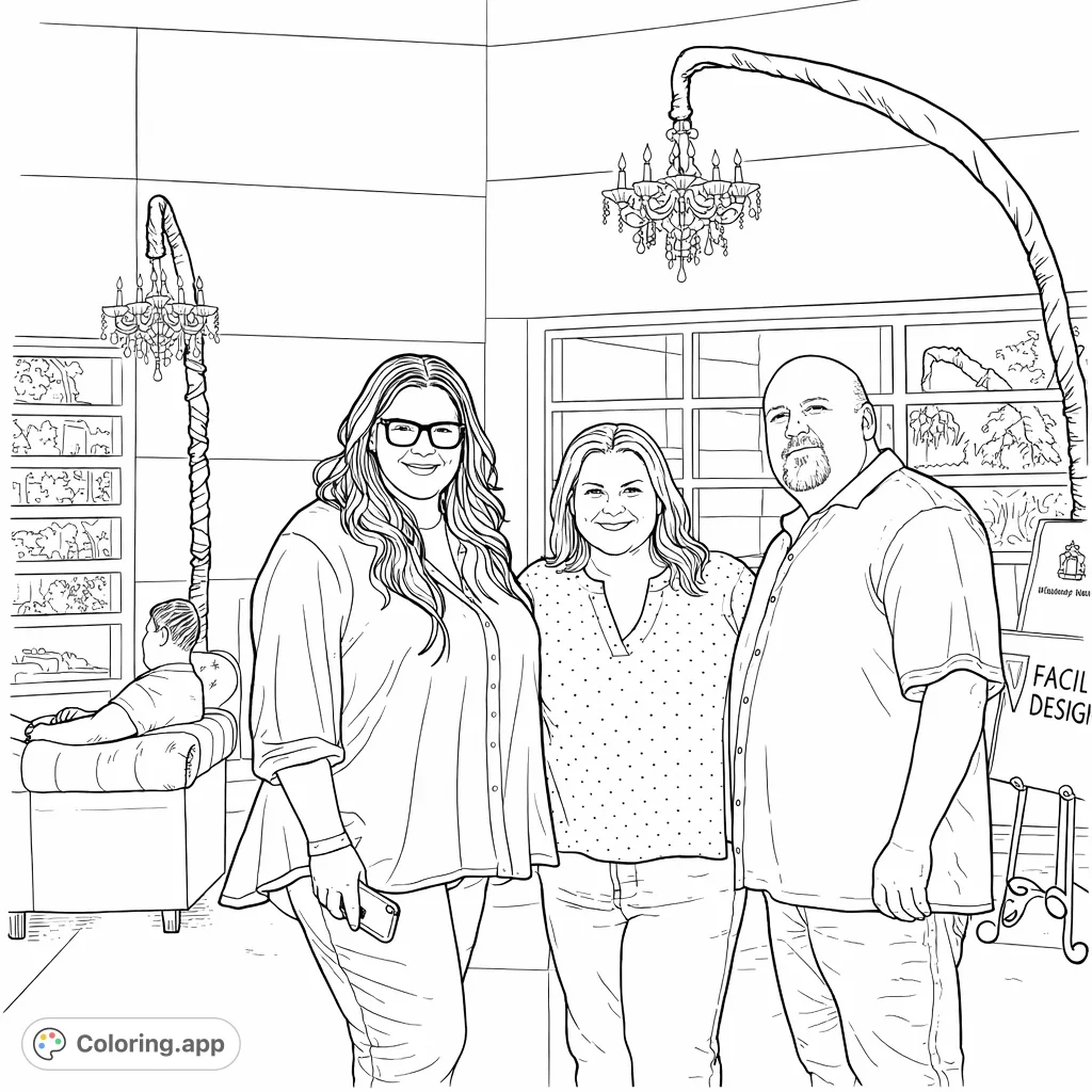Capture a friendly gathering with three smiling individuals. Features a modern architectural background and decorative chandeliers, offering a unique scene for your creative touch.