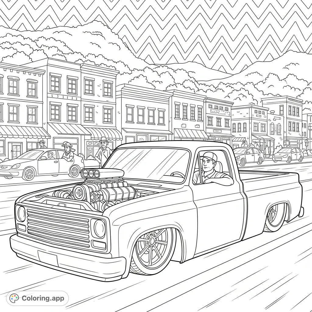 A detailed custom pickup truck coloring page, featuring an exposed engine, multi-spoke wheels, a driver, and a vibrant city street background.