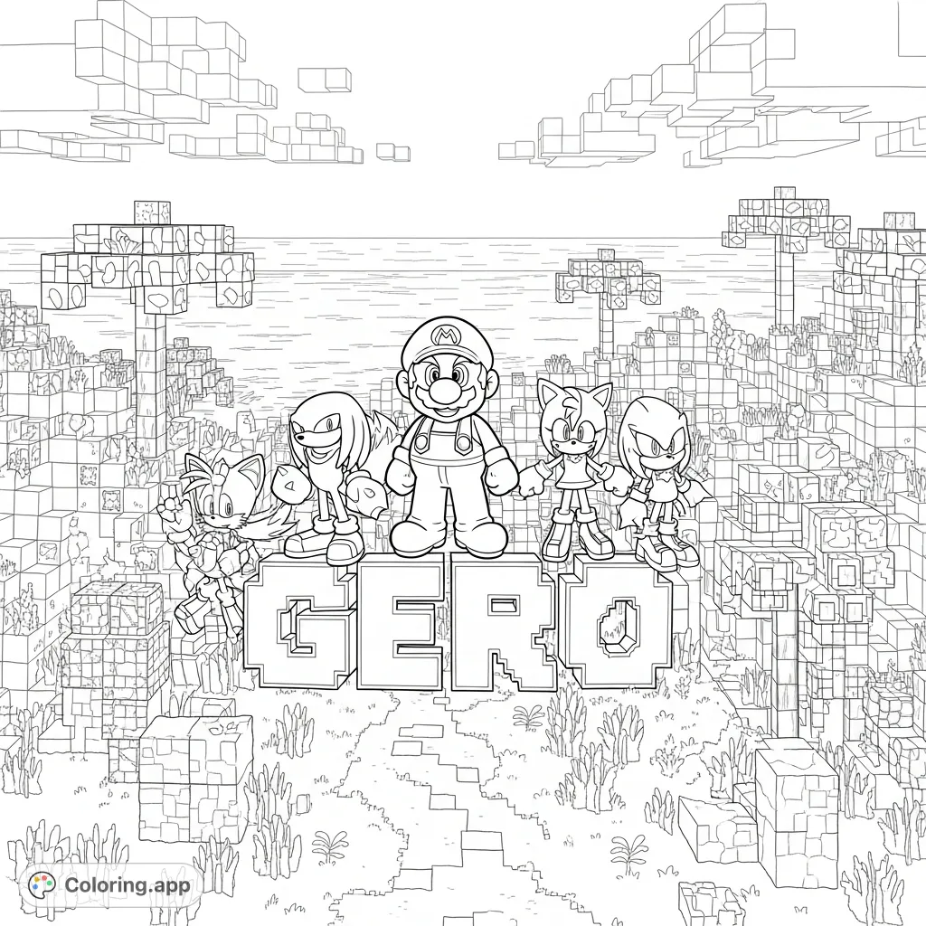 An epic Minecraft crossover coloring page featuring Mario, Sonic, and friends in a blocky Green Hill Zone. Perfect for gaming fans!