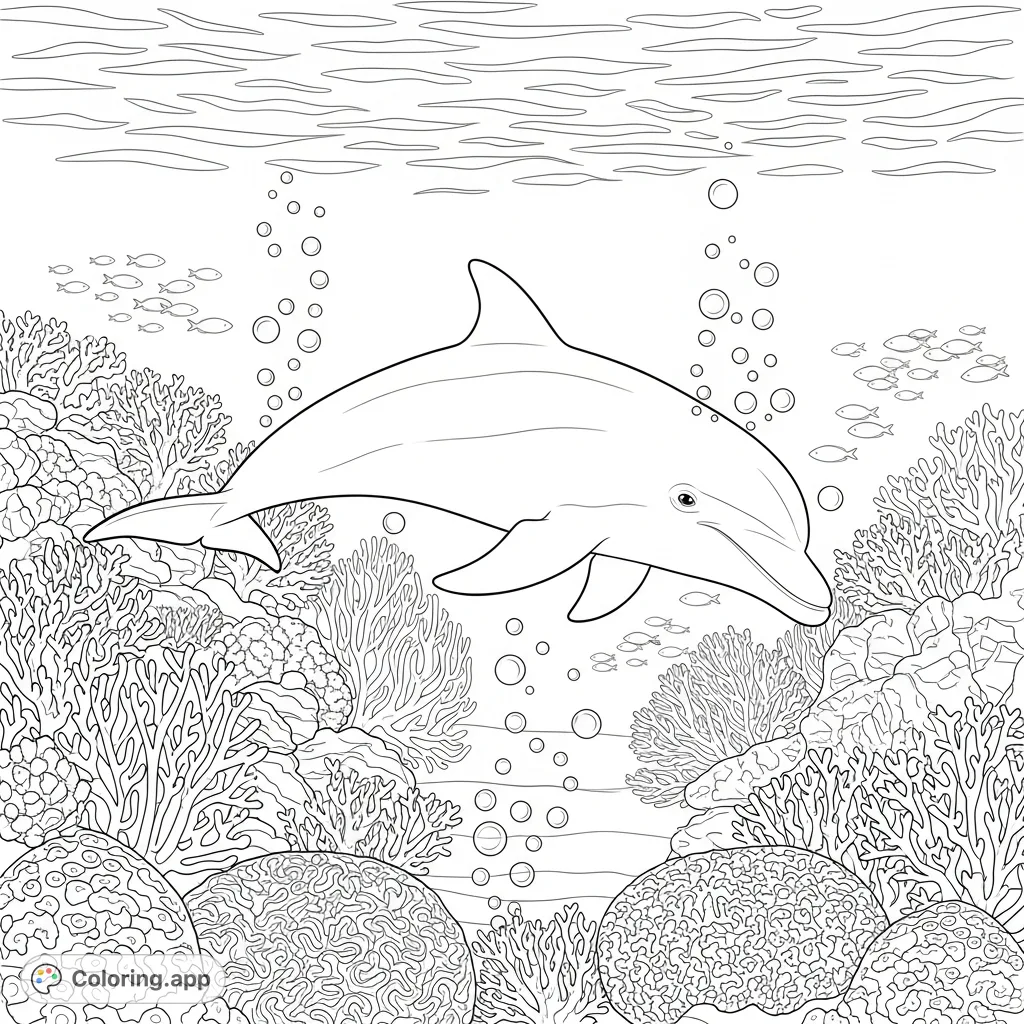 Dive into an enchanting underwater world with this dolphin and coral reef coloring page, featuring graceful marine life and intricate ocean details.