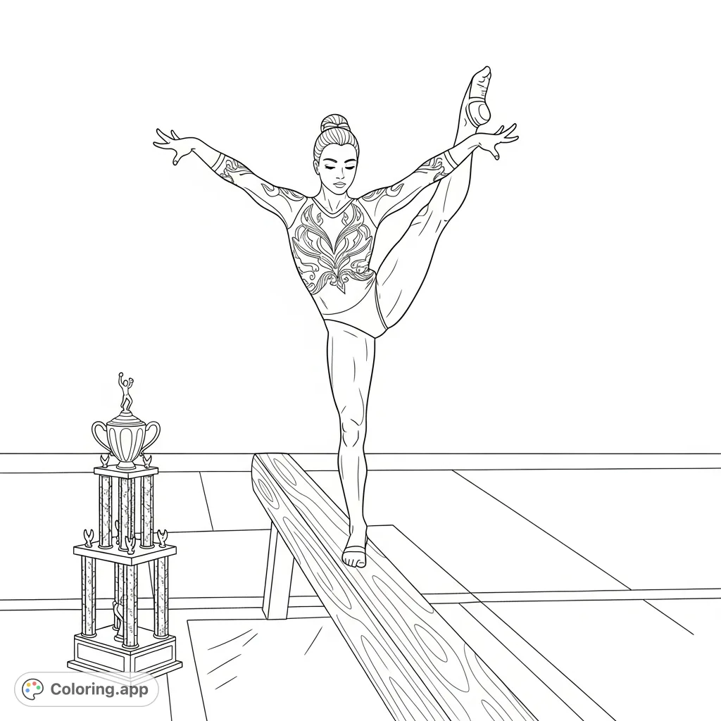 A detailed gymnastics coloring page featuring a gymnast gracefully performing on a balance beam, with a gleaming trophy nearby on the gymnastics floor.
