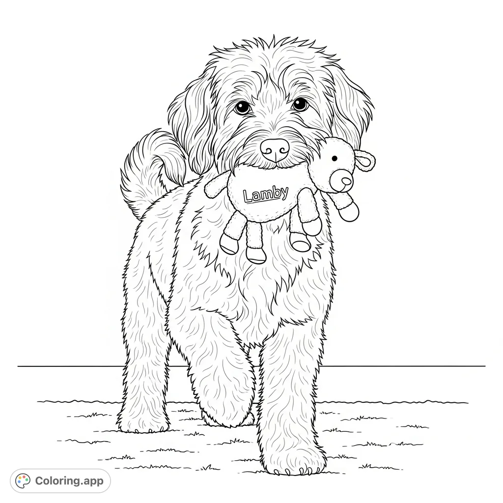 A fluffy Sheepadoodle dog playfully interacts with its beloved Lamby toy in a heartwarming scene. This Sheepadoodle coloring page is perfect for dog lovers!