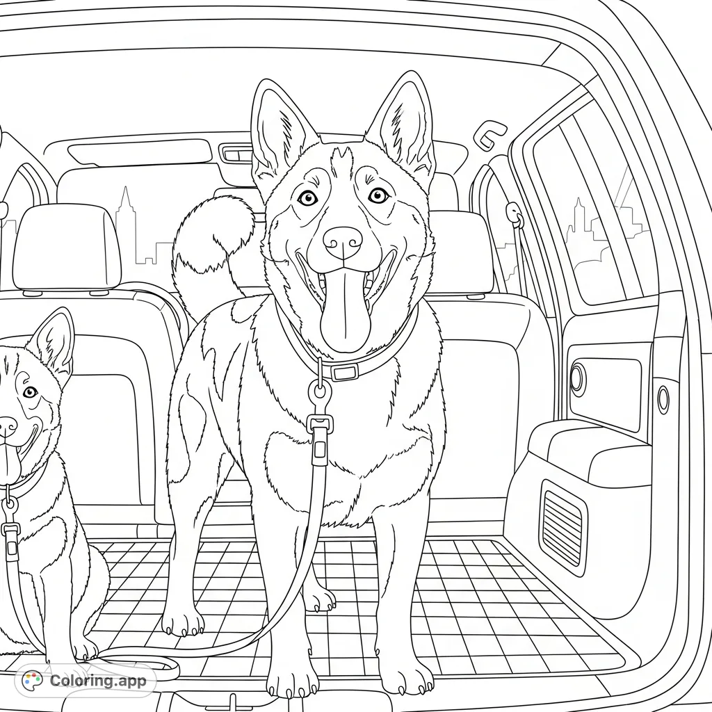 A joyful dog with distinct fur patterns pants happily in a vehicle's cargo area, showcasing textured interior details and a distant view.