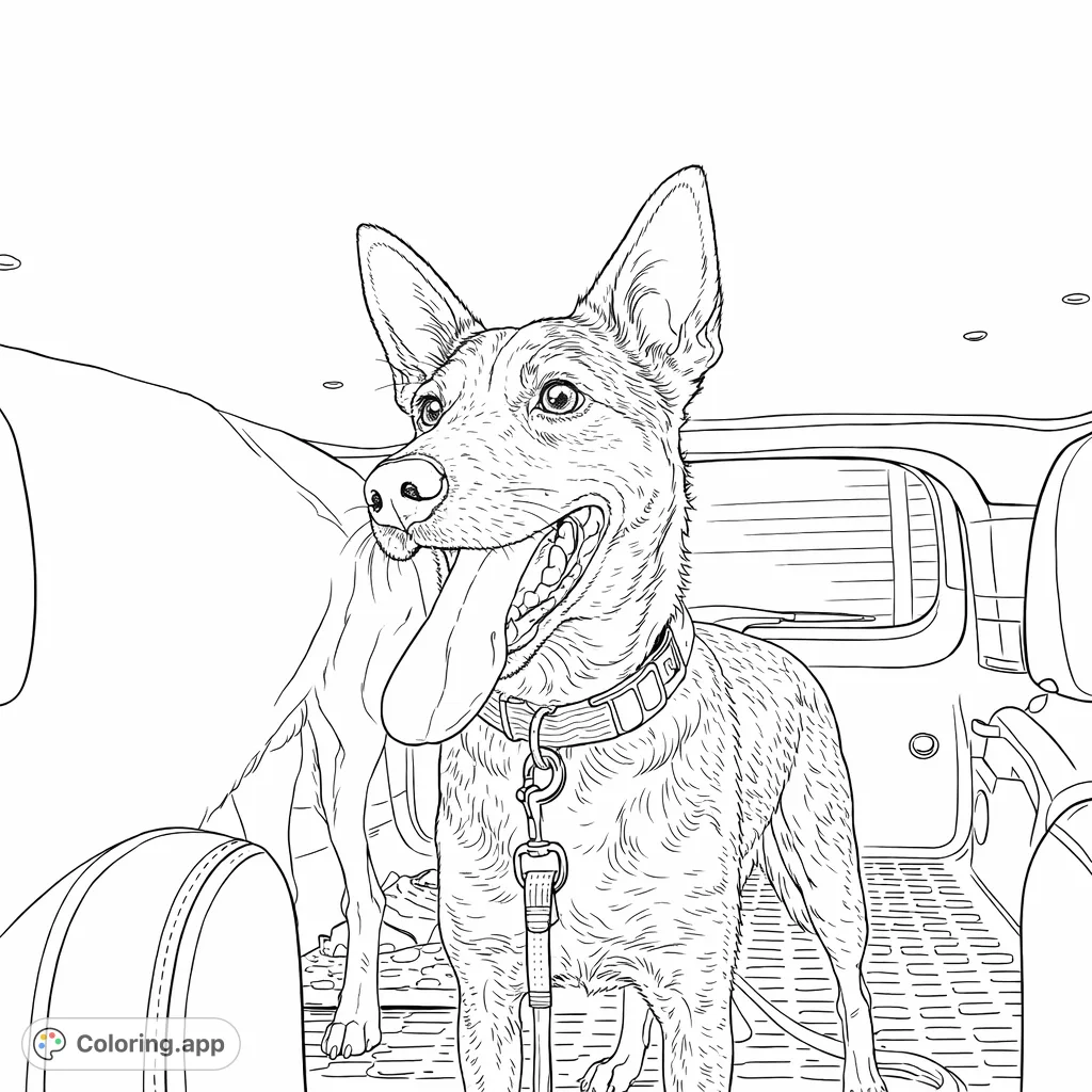 A cheerful dog with expressive ears and an extended tongue, standing in a vehicle's back, ready for an adventure. Perfect for pet lovers.