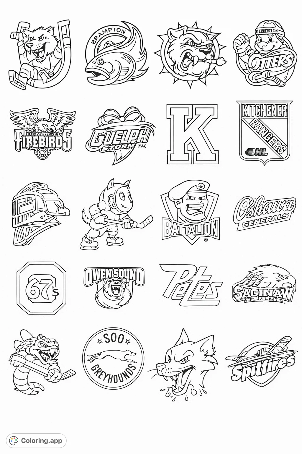 Explore 18 detailed hockey team logos, featuring mascots like a fierce bulldog, a swift greyhound, and a spirited horse. Perfect for sports fans!