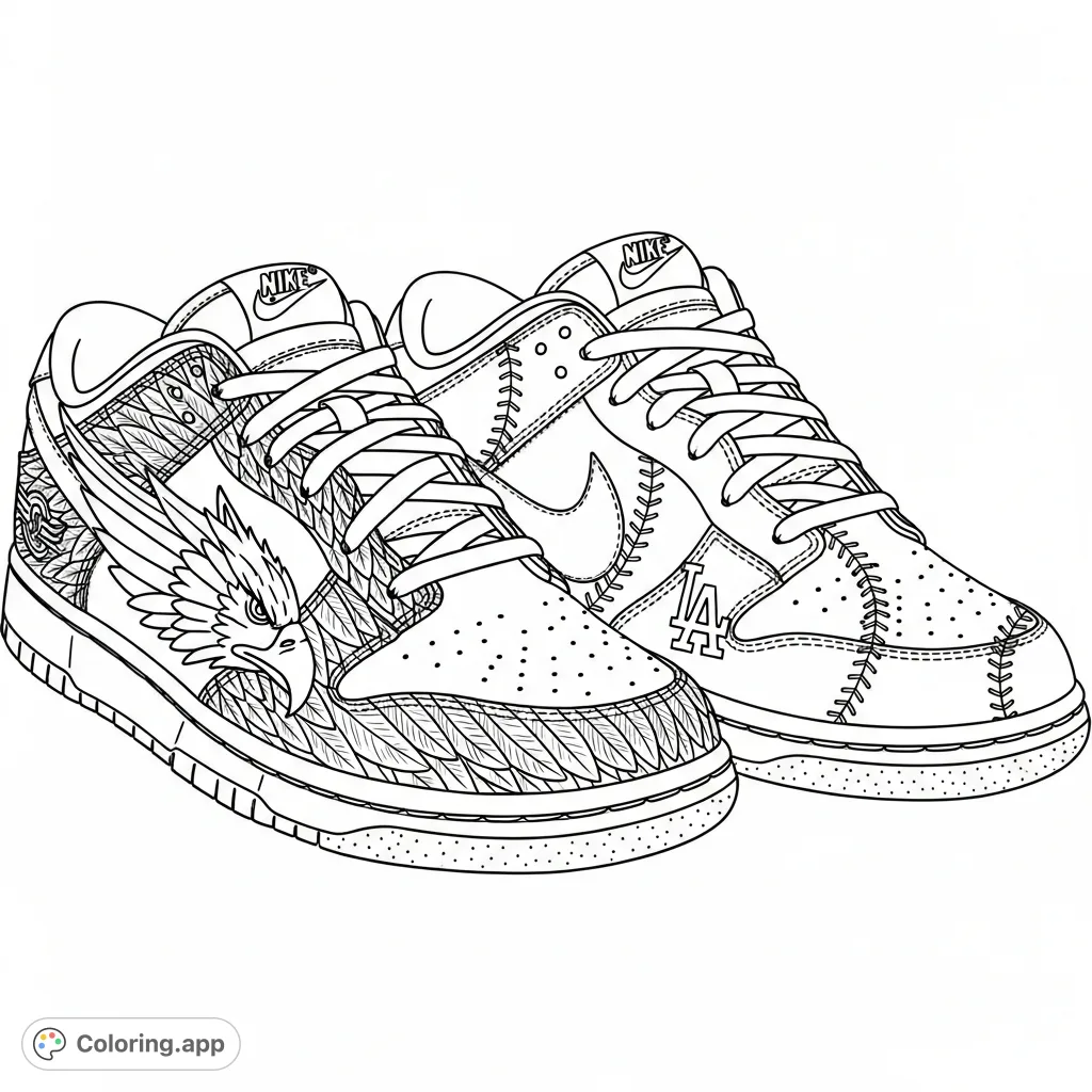 Color two iconic Nike Dunk sneakers! One features Philadelphia Eagles-inspired designs, while the other sports Los Angeles Dodgers motifs, perfect for sports fans.