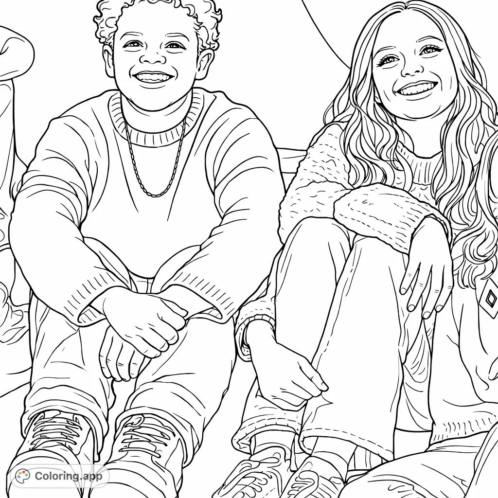 A heartwarming happy young companions coloring page featuring two smiling individuals, a boy and a girl, in a friendly pose. Perfect for illustrating friendship and joyful moments.