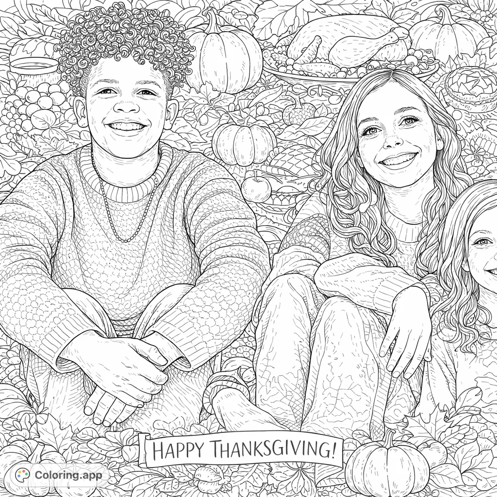 A heartwarming Thanksgiving coloring page featuring two smiling young people, perfect for celebrating friendship and joy. Intricate details and patterns for a rewarding experience.