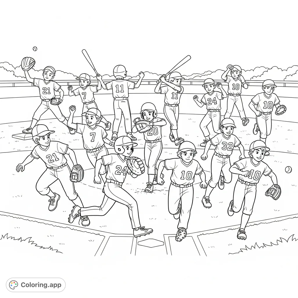 Capture the excitement of youth baseball with 11 players in action, featuring specific jersey numbers on a detailed field. Perfect for sports fans!