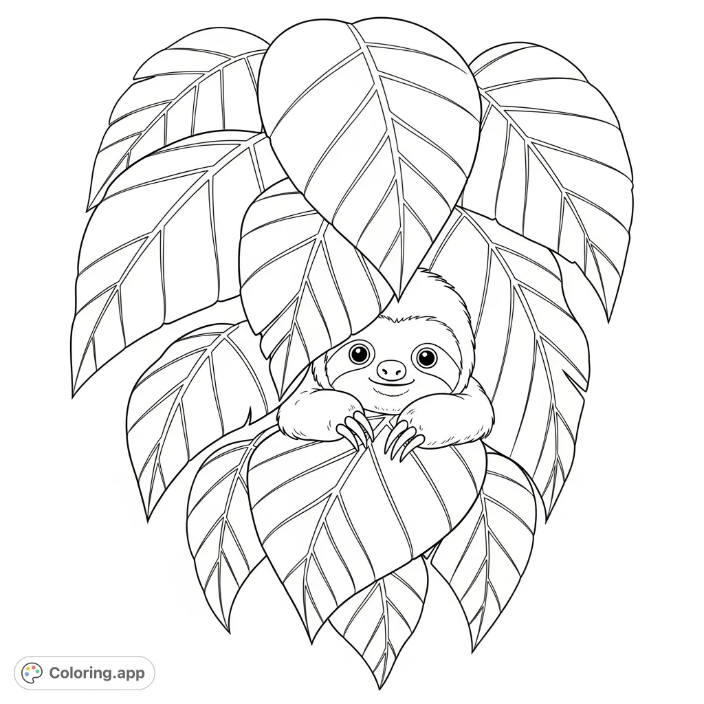 Discover a charming baby sloth nestled among large jungle leaves, its curious face and delicate paw visible. A delightful free printable sloth coloring page.