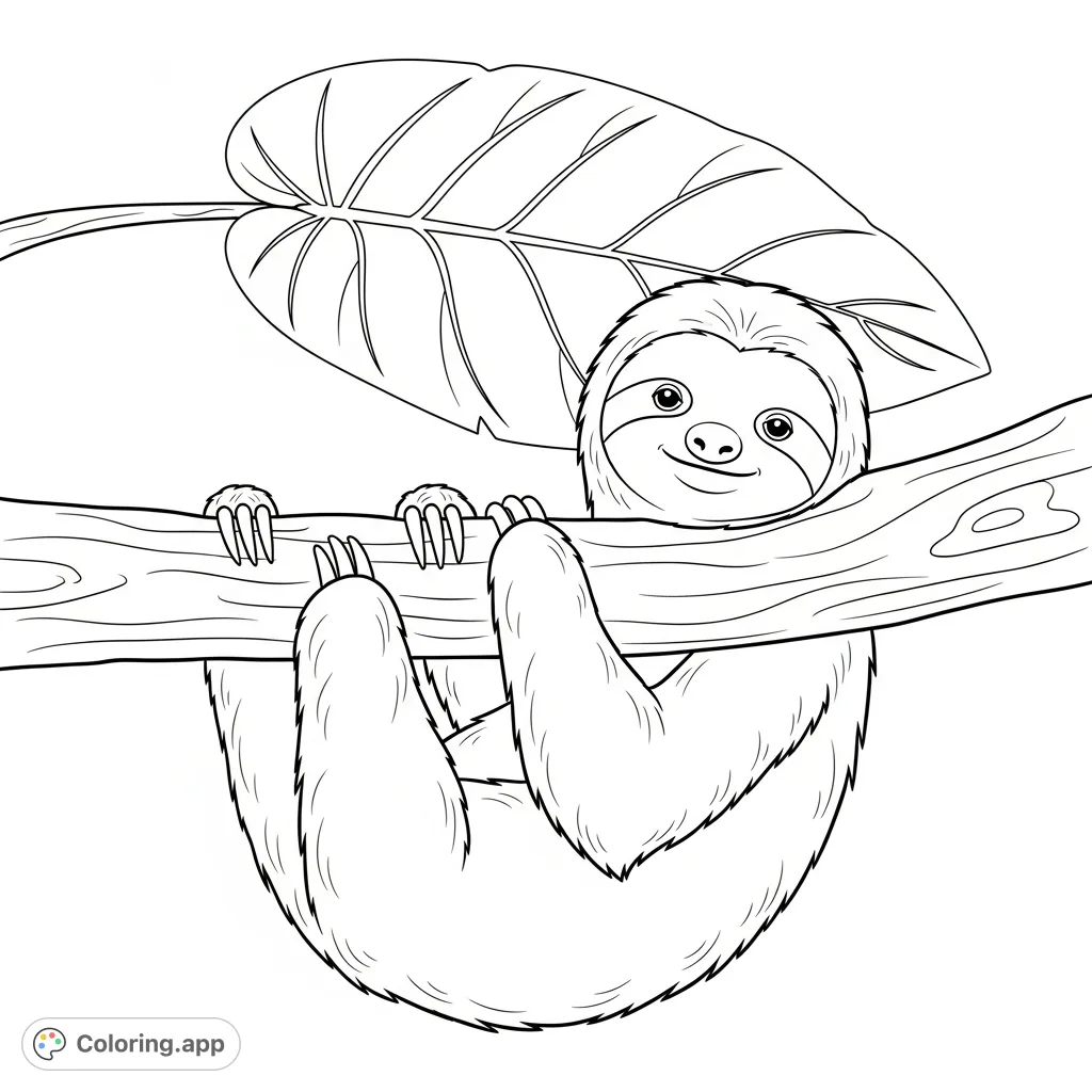 A tranquil sloth hangs upside down from a thick tree branch, its gentle face looking forward. A large jungle leaf rests behind its head, adding a serene touch to this charming animal coloring page.