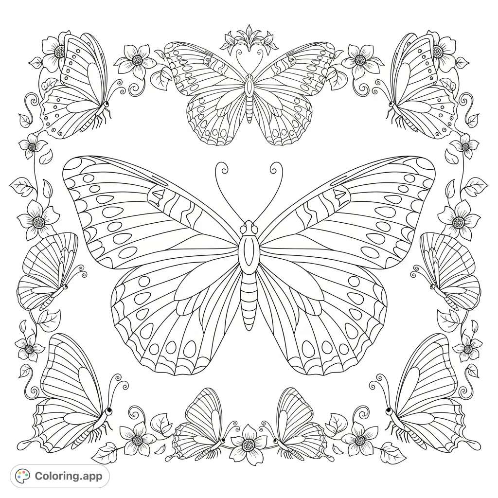 An elegant butterfly border coloring page showcasing a variety of winged insects with intricate patterns and delicate floral motifs, forming a beautiful frame for creative expression.