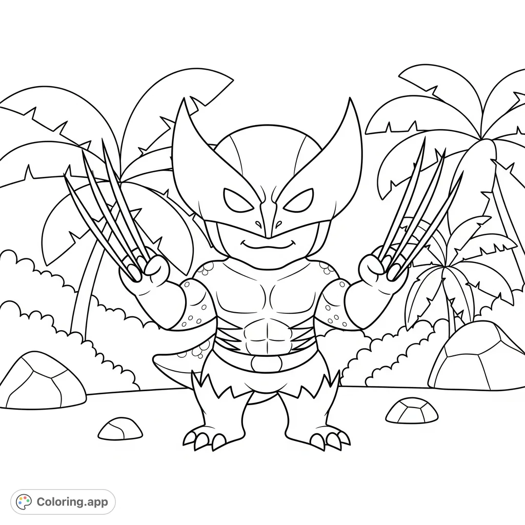 A fun, cartoon-style Wolverine dinosaur coloring page. Features the iconic character re-imagined as a cute, powerful dinosaur, ready for adventure.