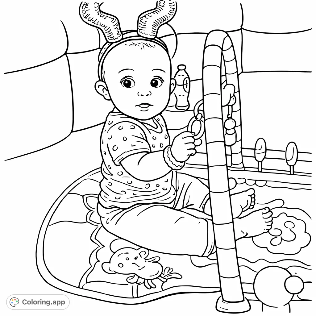 An adorable baby sits on a patterned playmat, wearing playful antlers and interacting with a toy on a segmented play gym. A heartwarming scene of childhood.