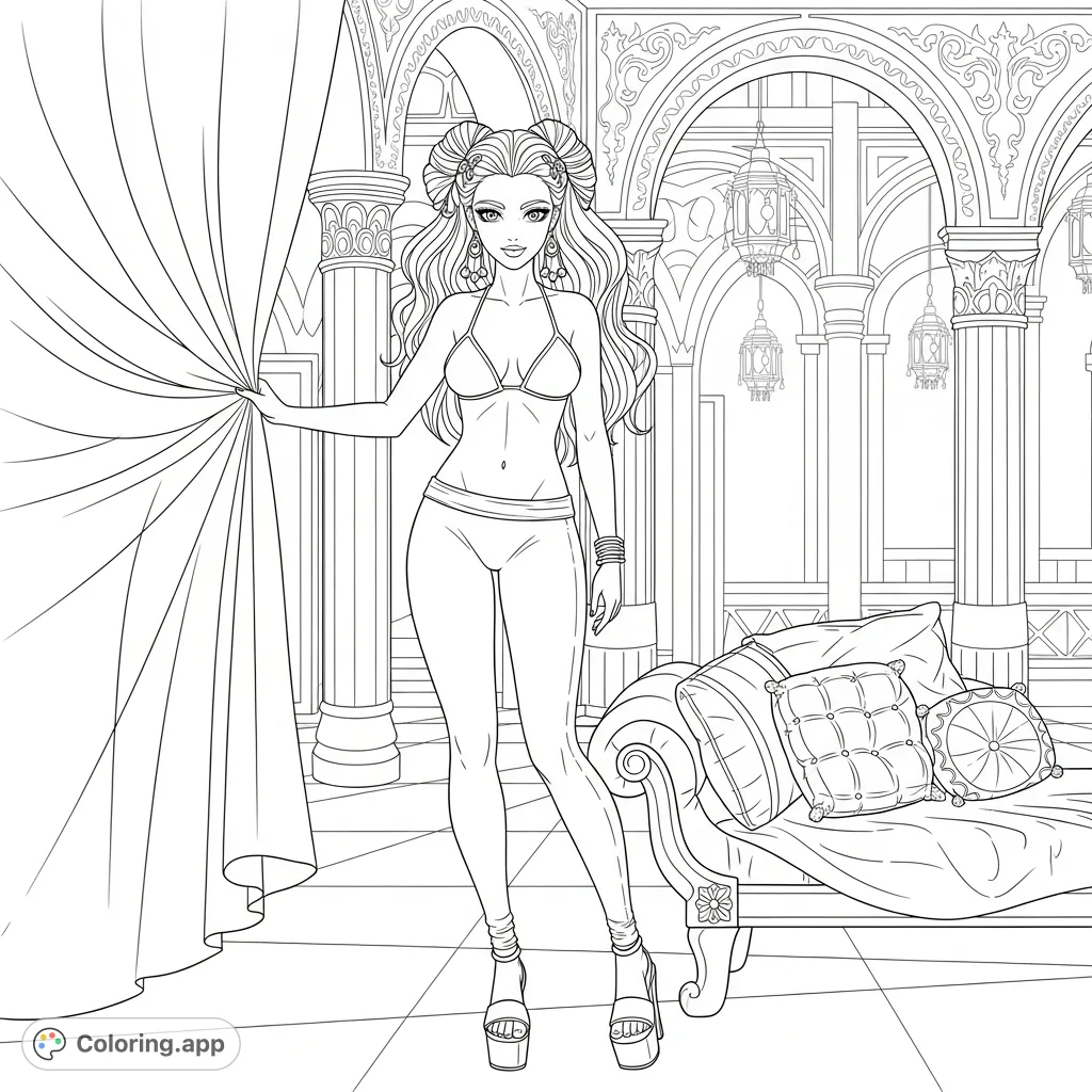An elegant woman in a glamorous outfit stands before a grand architectural setting, next to a luxurious chaise lounge, perfect for detailed adult coloring.