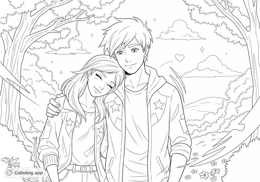 A heartwarming free printable Krystal and Marco coloring page depicting their affectionate bond in a serene outdoor setting. Perfect for romance and friendship themes.