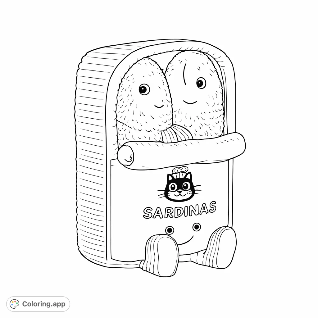 Delightful sardine can plush toy with two friendly fish inside and a cute cat design on the front. A charming and unique character for creative coloring fun.