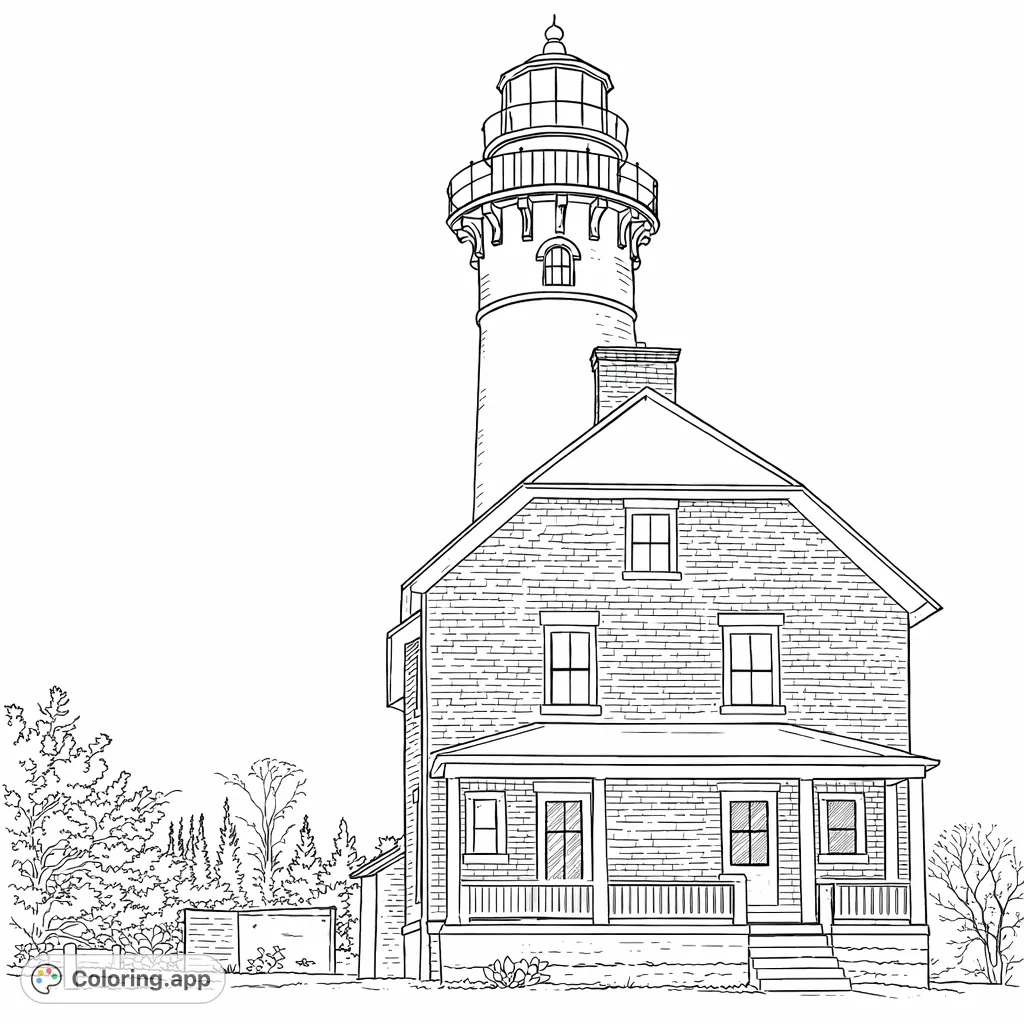 Explore a majestic lighthouse and its accompanying brick dwelling, set against a clear sky with surrounding natural elements. A detailed coastal scene ready for your creative touch.