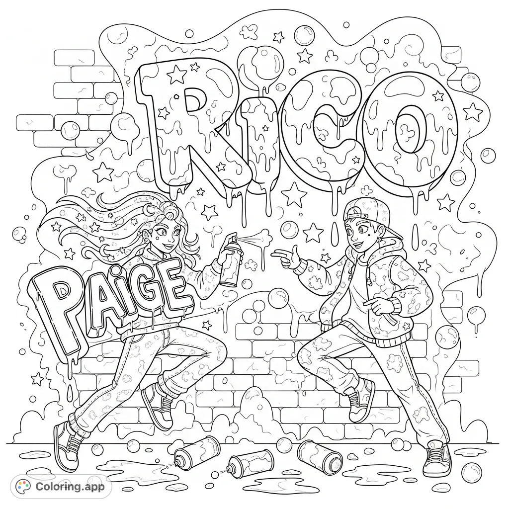 Color Paige & Rico as they create a vibrant graffiti masterpiece on an urban wall. This dynamic scene is full of expressive characters and cool street art.