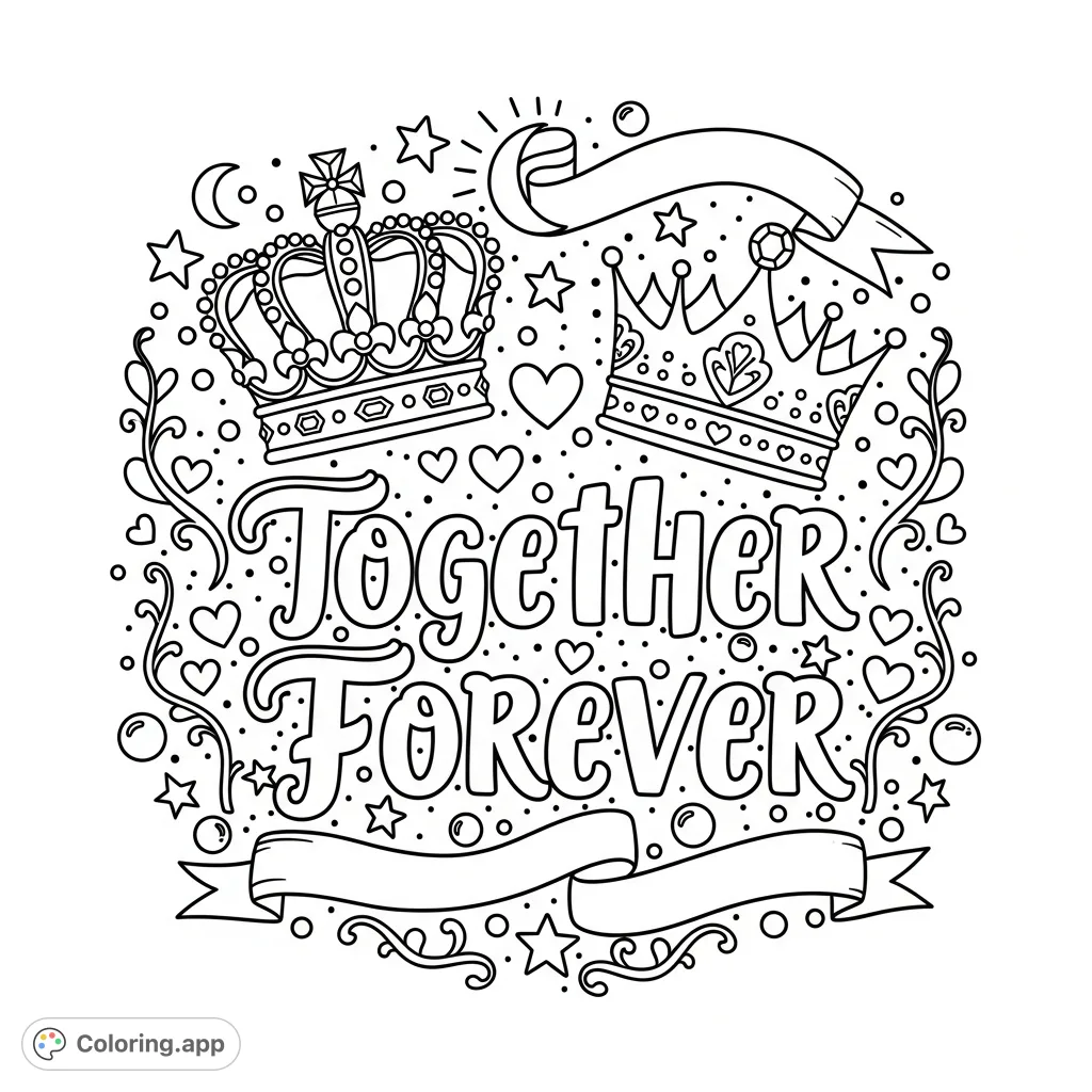 A beautiful "Together Forever" coloring page featuring elegant script, detailed king and queen crowns, and symbolic elements of love and loyalty.