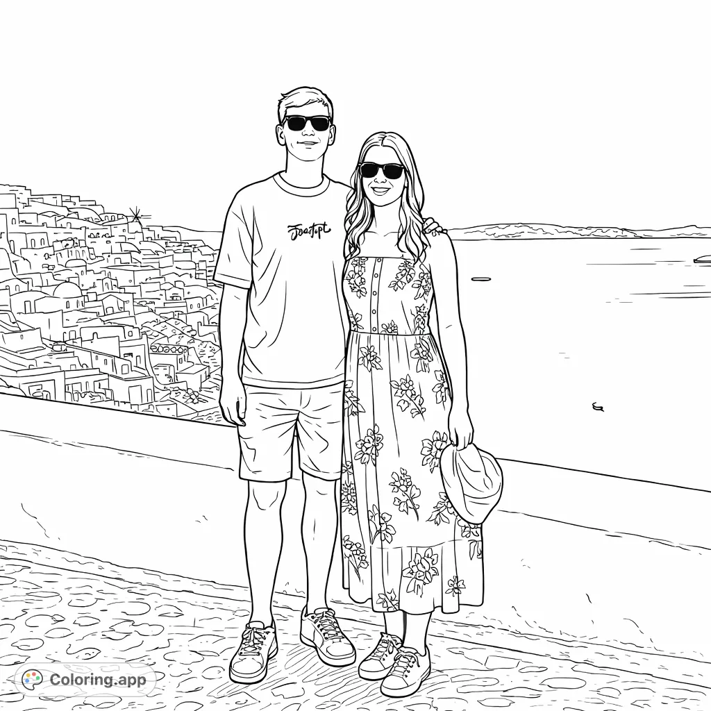 A charming couple stands before a scenic island village overlooking the sea, perfect for a relaxing travel-themed coloring adventure.