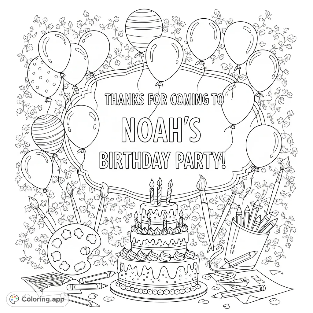A festive coloring page featuring a "Thanks for coming to Noah's Birthday Party!" banner, a grand cake, balloons, and art supplies amidst delicate floral patterns.
