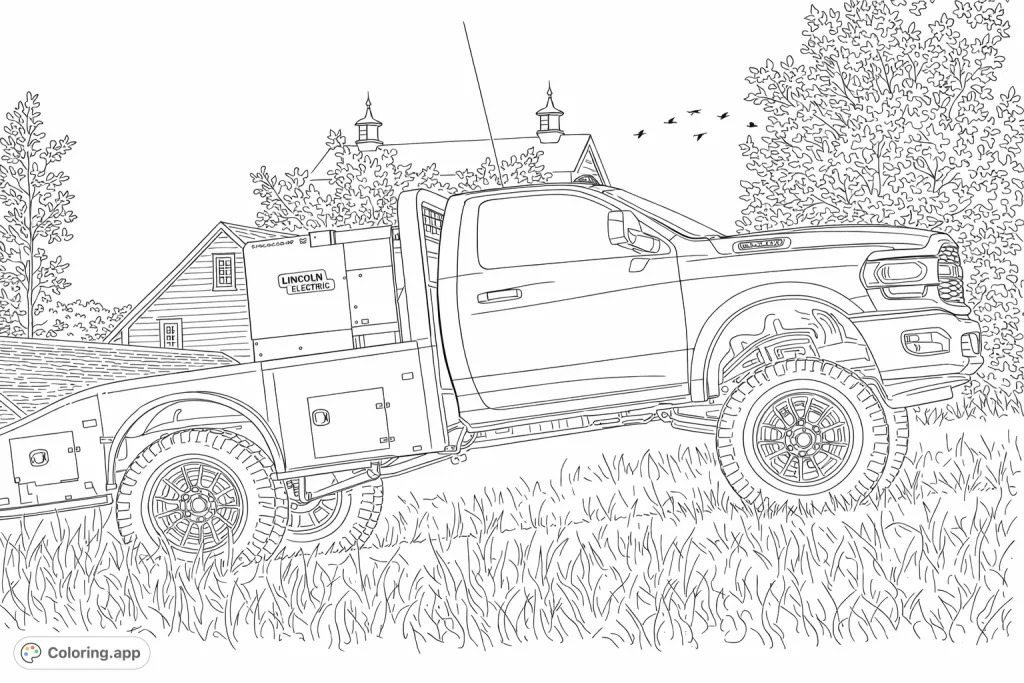 Color a powerful custom lifted pickup truck equipped with a welding machine on a grassy hill, set against a rustic house and trees. Perfect for vehicle enthusiasts.