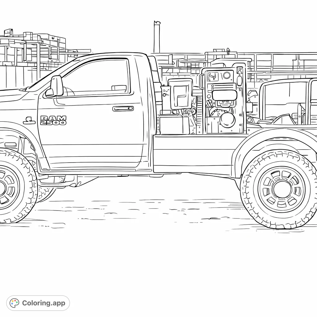 Color a detailed heavy-duty industrial pickup truck with a utility bed and complex equipment, set against a sprawling factory backdrop. Great for vehicle enthusiasts!