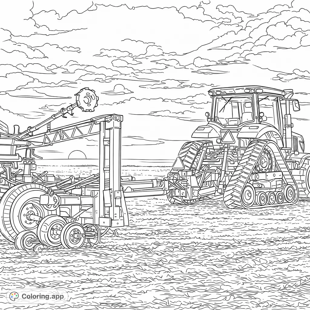 Explore the detailed world of agriculture with this modern farm tractor coloring page, featuring intricate machinery working a vast field under a dramatic sky.