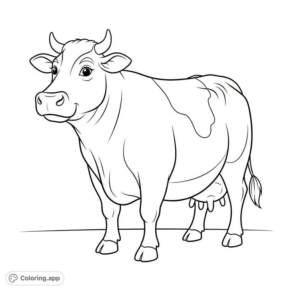 A friendly farm cow with clear, simple outlines, perfect for young children. This easy cow coloring page promotes creativity and fine motor skills.