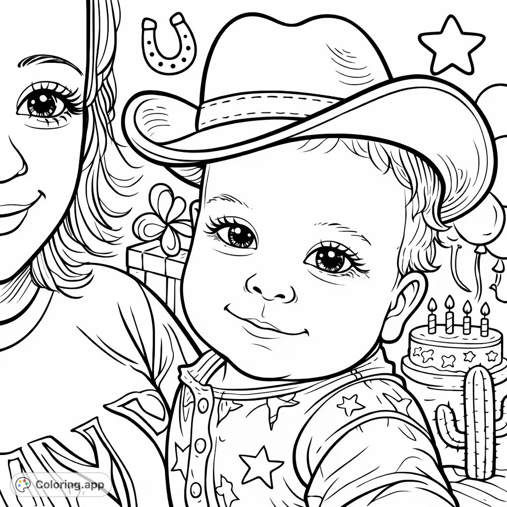 An adorable cartoony baby in a cowboy hat, surrounded by fun Western and birthday patterns, ready for a personalized splash of color. Perfect for all ages!