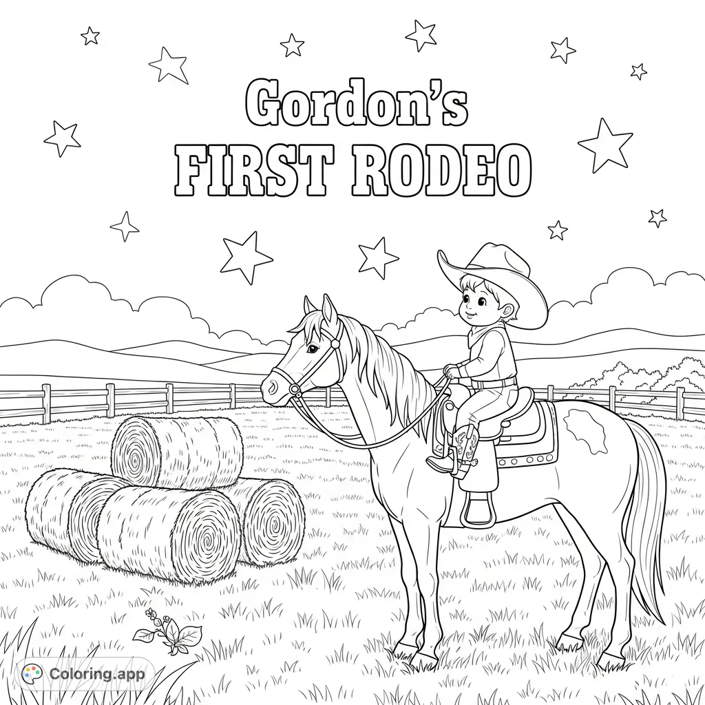 A charming baby cowboy on a gentle horse in a western field with hay bales and stars, featuring "Gordon’s FIRST RODEO." A delightful scene for young adventurers!