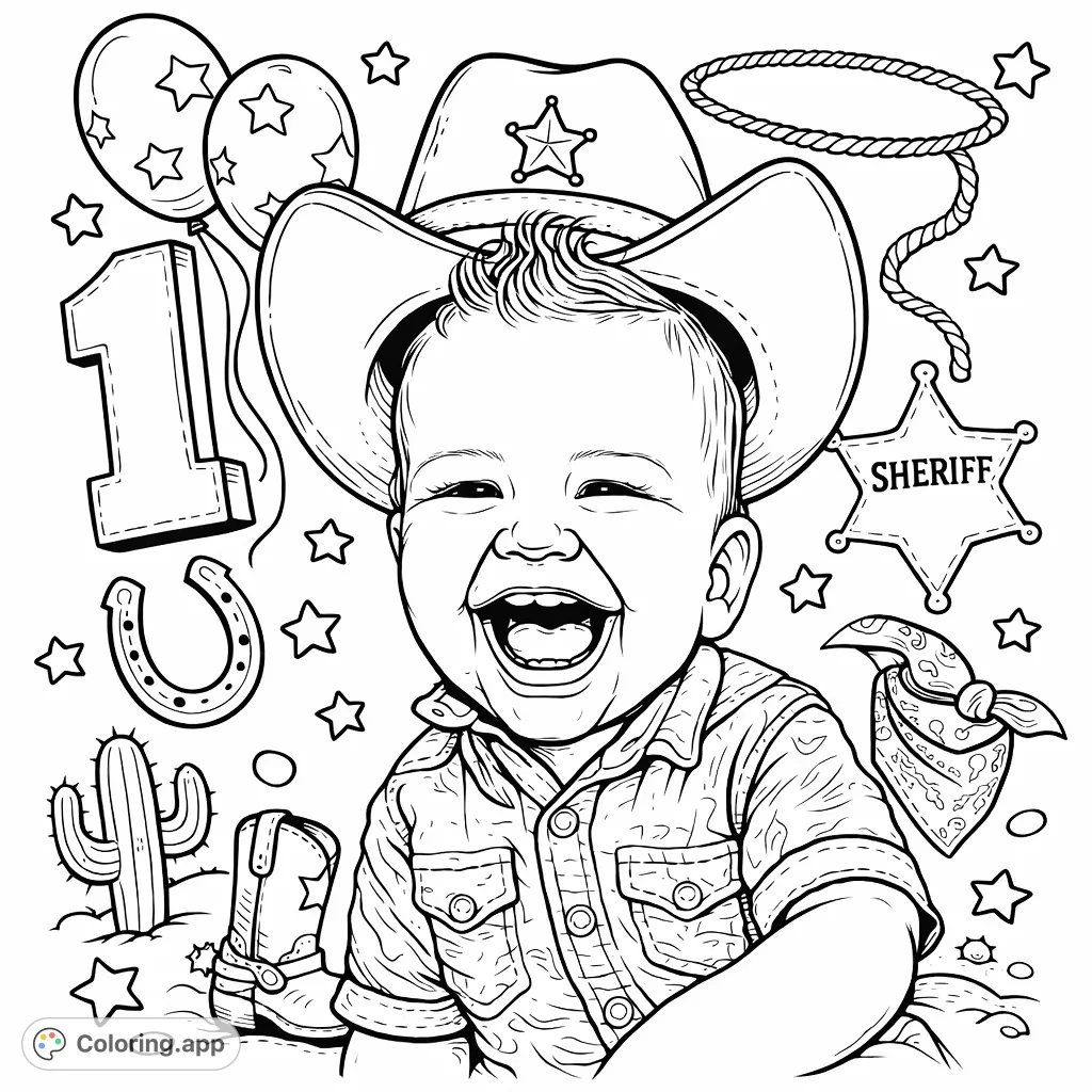 A joyful baby with spiky hair, dressed as a cartoony cowboy against a quilted backdrop. This adorable cowboy 1st birthday coloring page is perfect for little ones!