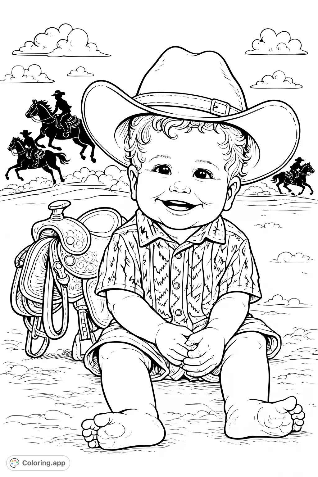 Capture the joy of a little cowboy sitting cheerfully, complete with a Western saddle and lively cowhands in the background. A delightful Western coloring page for kids and adults!