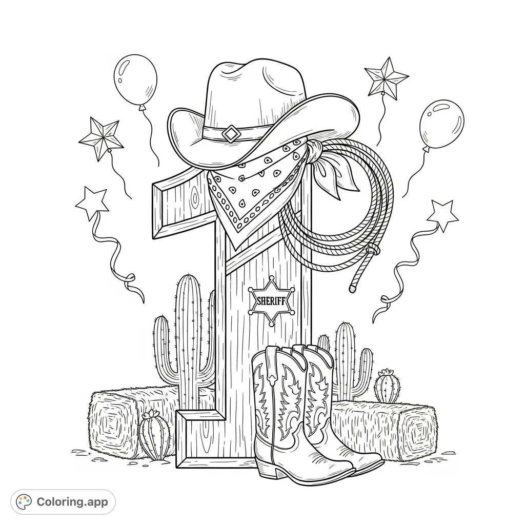 Celebrate a Western 1st birthday with this fun coloring page featuring a rustic numeral one, cowboy hat, boots, lasso, and party decorations.