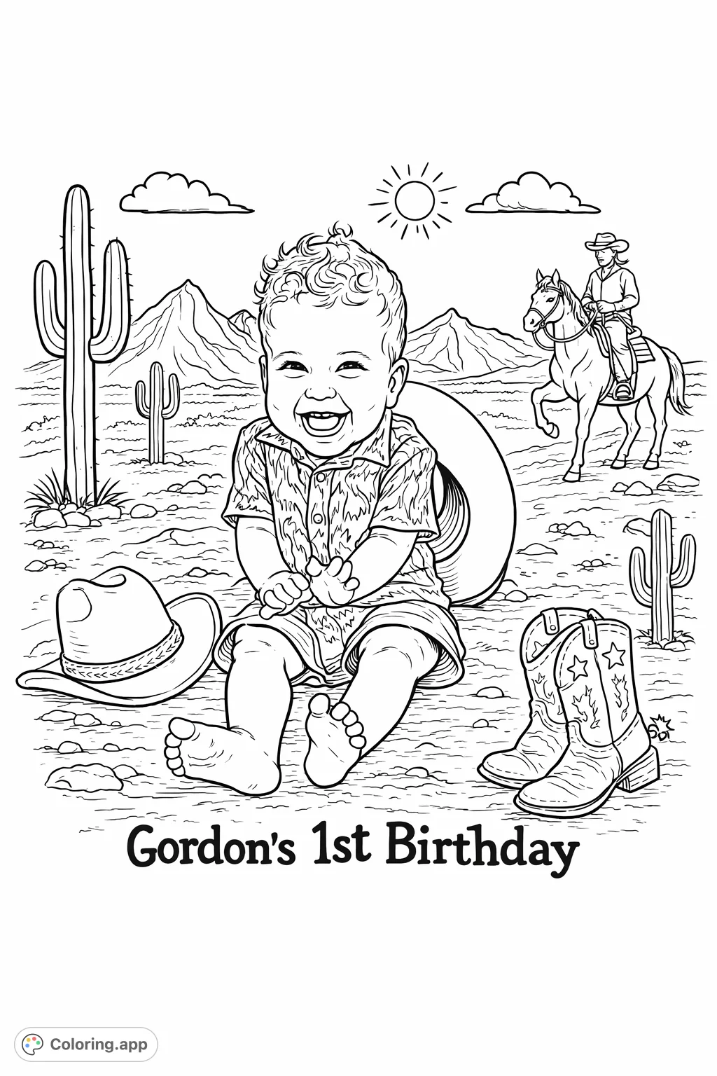 A delightful Western desert-themed coloring page featuring a happy baby, cowboy hat, boots, and a horse. Perfect for Gordon’s 1st birthday!